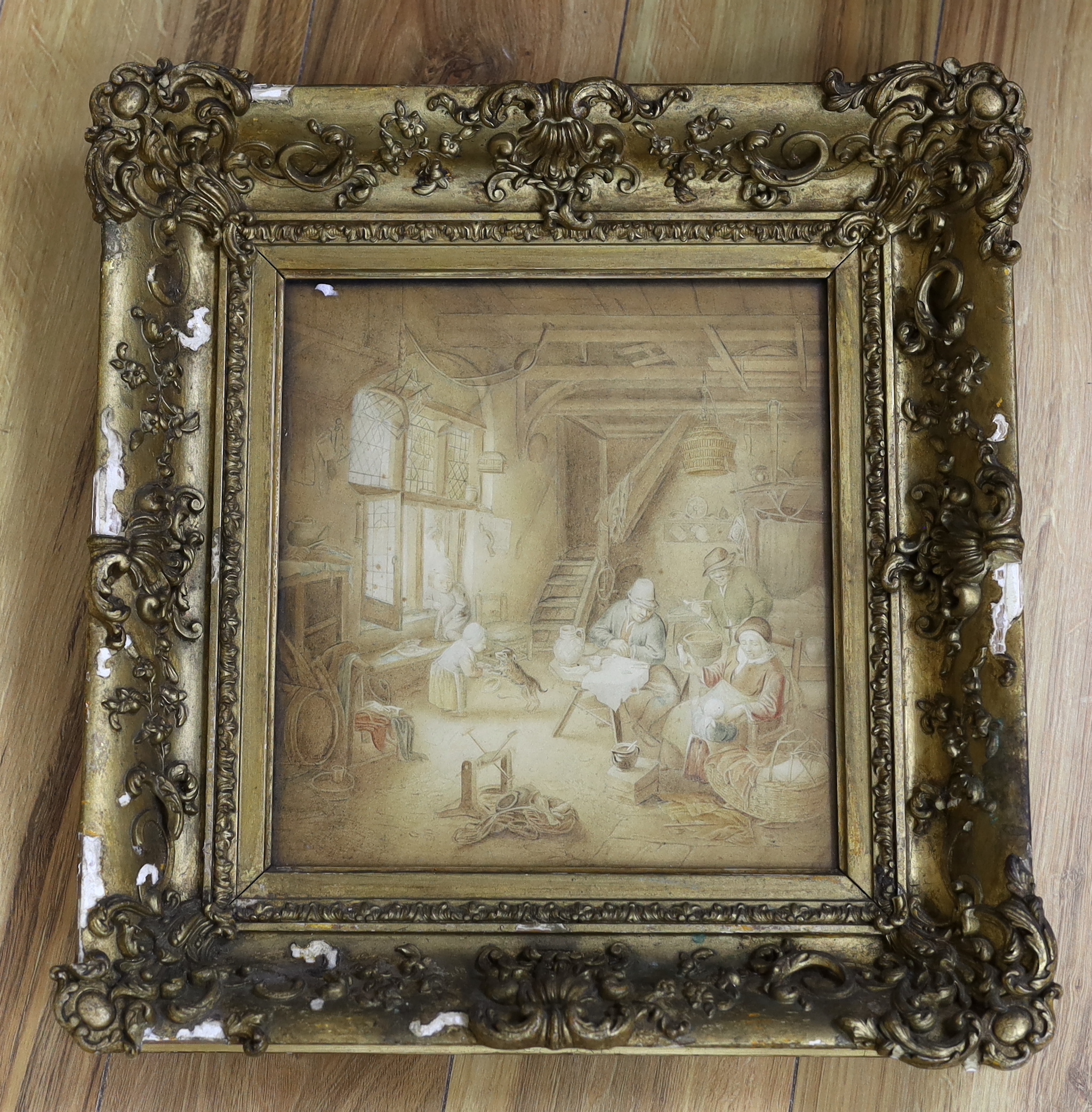 19th century Flemish School, watercolour, Interior scene with figures and dog, 29 x 26cm, ornate gilt frame (a.f.)